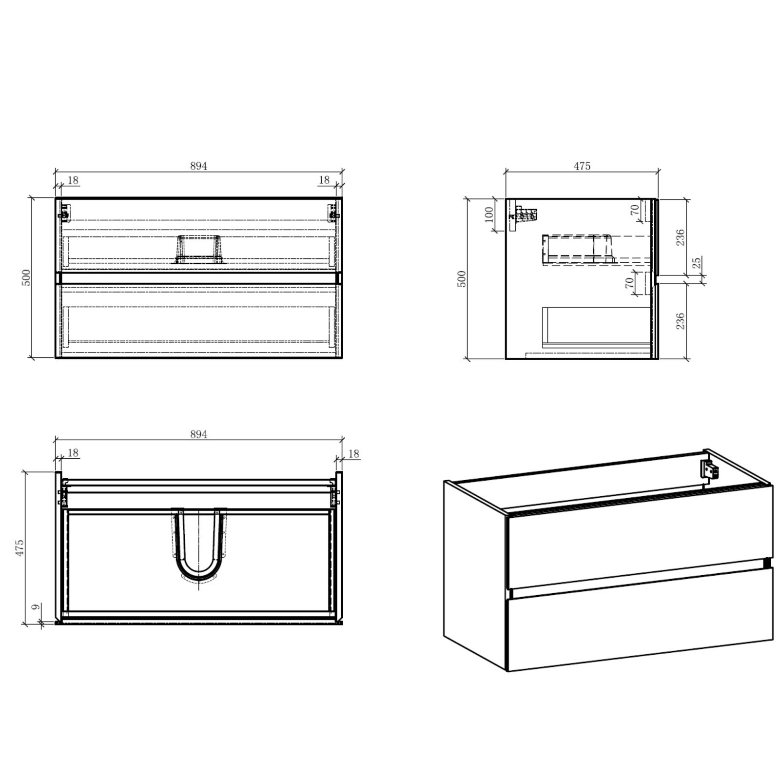 Mobile Bagno base sospesa Miria Black Cement 90 finitura Grigio Cemento 2 cestoni e lavello Nero, 90x47.5xh52 cm
