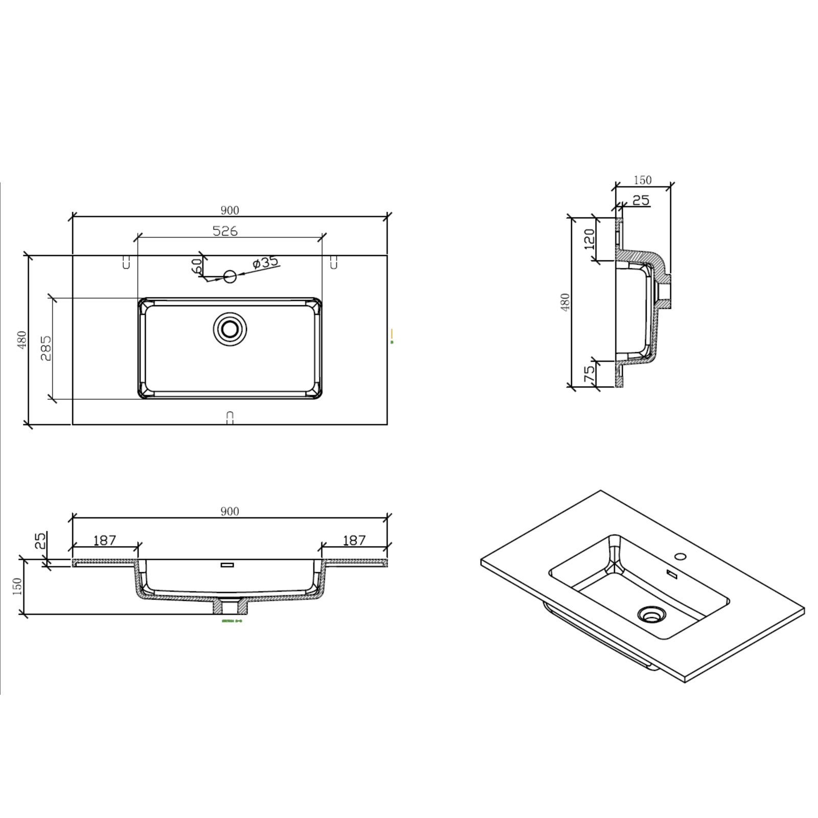 Mobile Bagno base sospesa Miria Black Cement 90 finitura Grigio Cemento 2 cestoni e lavello Nero, 90x47.5xh52 cm