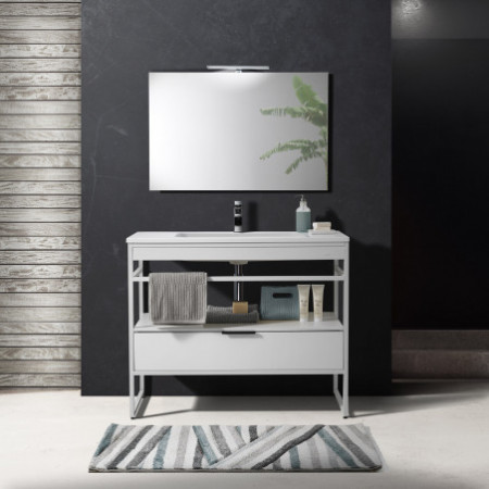 Mobile Bagno Sally White 100 in acciaio Bianco opaco con lavello e cestone laccato Bianco opaco, 100x46xh84 cm