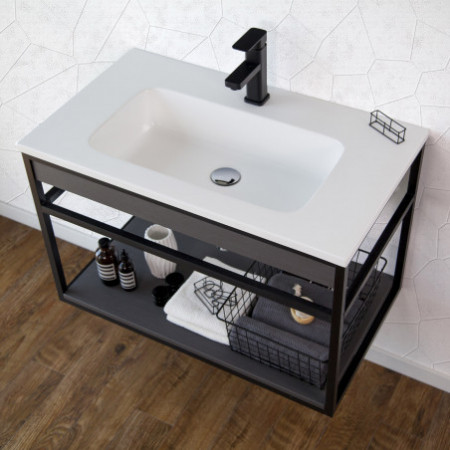 Mobile Bagno Sally Grey Black 80 in acciaio Nero opaco con lavello e cestone finitura Larice Grigio, 80x46xh52 cm