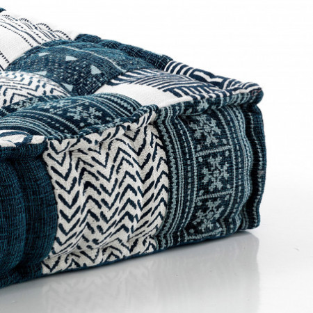 Pouf Cuscino Quadrato Kamar White/Blue rivestimento Cotone 100% patchwork Bianco e Blu, 80x80xh20 cm