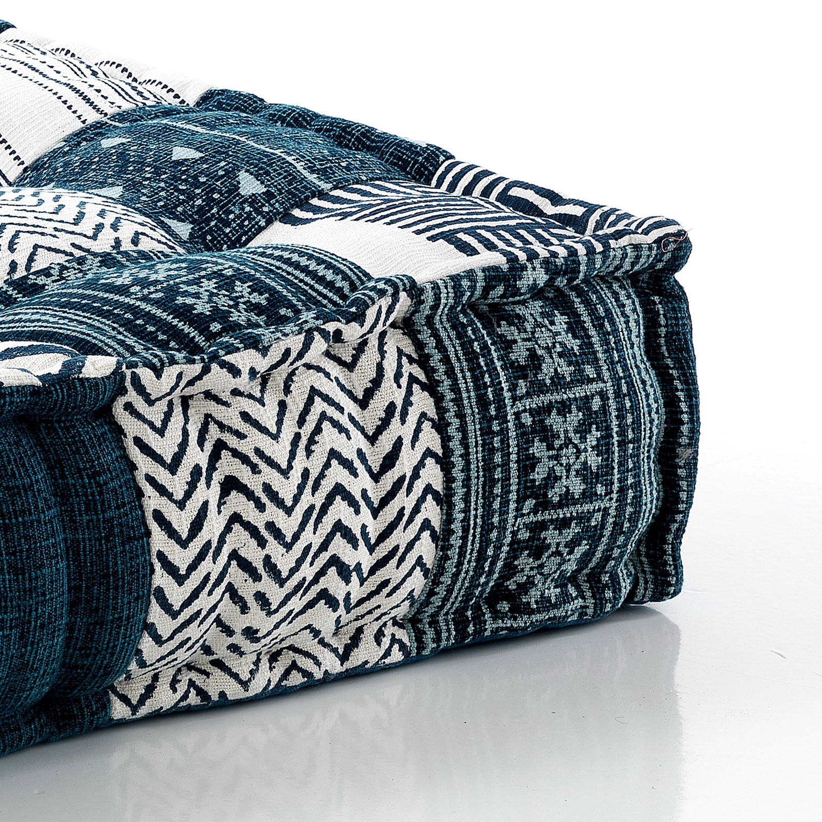 Pouf Cuscino Quadrato Kamar White/Blue rivestimento Cotone 100% patchwork Bianco e Blu, 80x80xh20 cm
