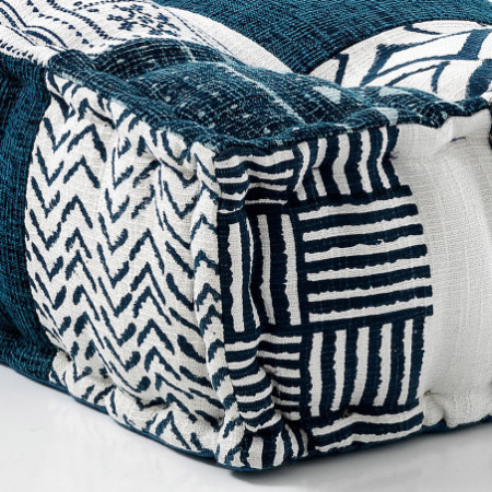 Pouf Cuscino Quadrato Kamar White/Blue rivestimento Cotone 100% patchwork Bianco e Blu, 80x80xh20 cm