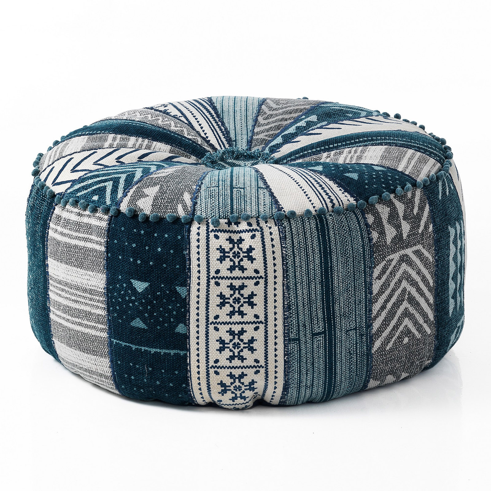 Pouf Rotondo Kamar Blue Patch rivestimento Cotone 100% patchwork Blu