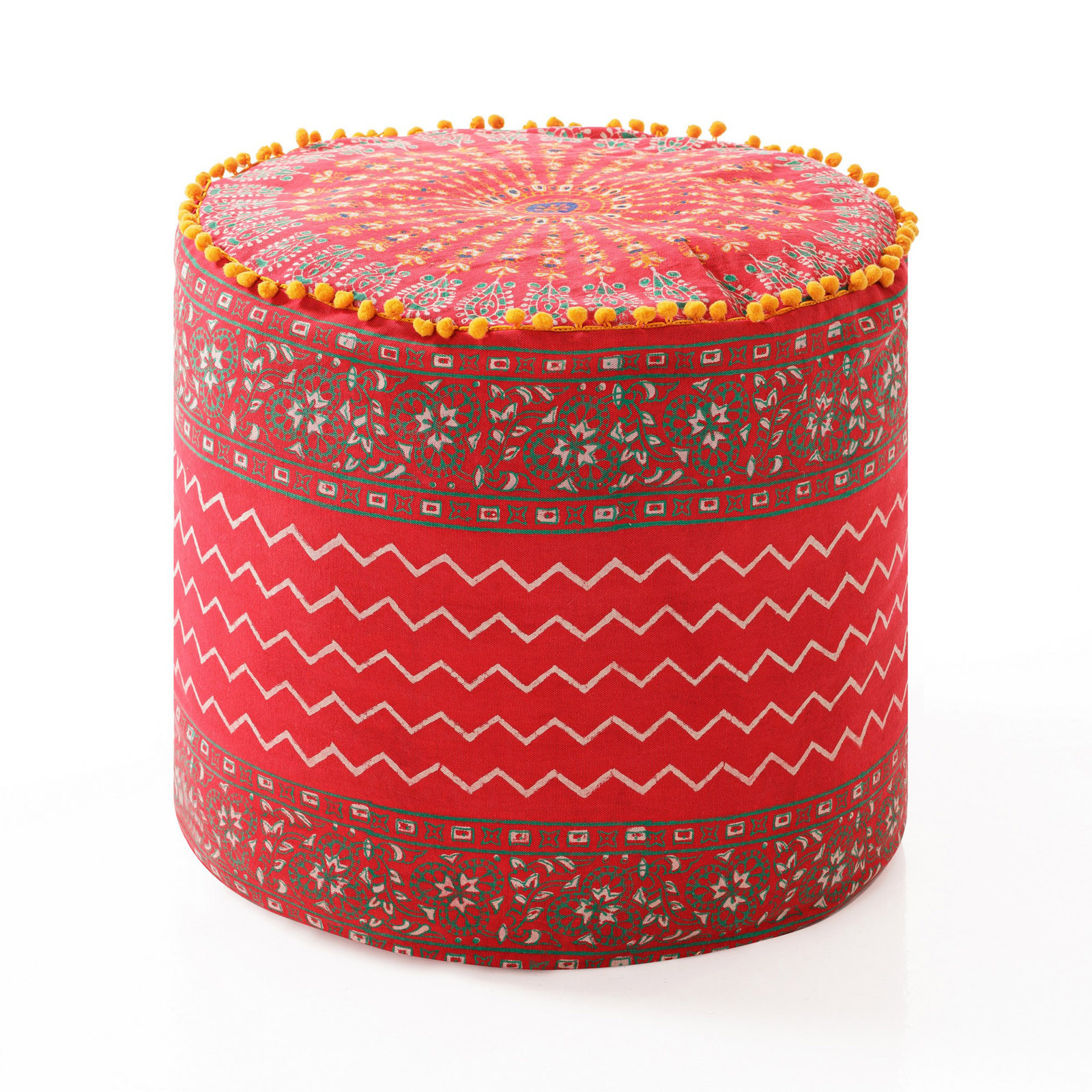 Pouf Rotondo Kozzi rivestimento 100% Cotone Rosso decorato, d45xh45 cm