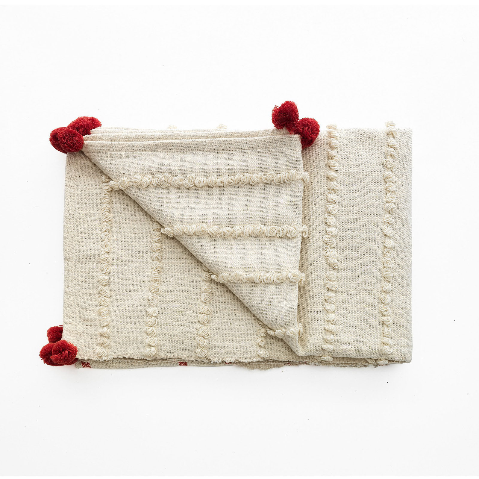Plaid Folgarida 100% cotone Bianco decorato con nappe, 220x150 cm