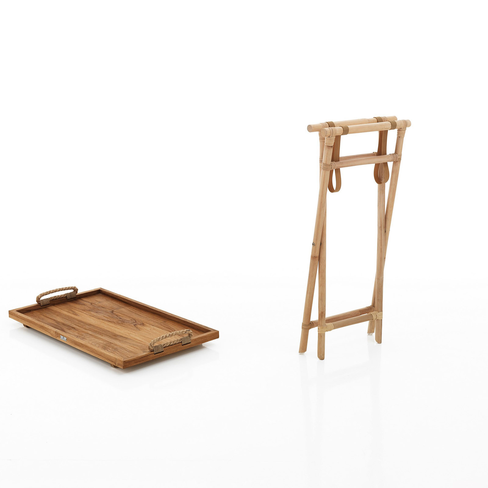 Tavolino ripiegabile con Vassoio rimuovibile Urbino in Teak e Rattan, 76x45xh69 cm