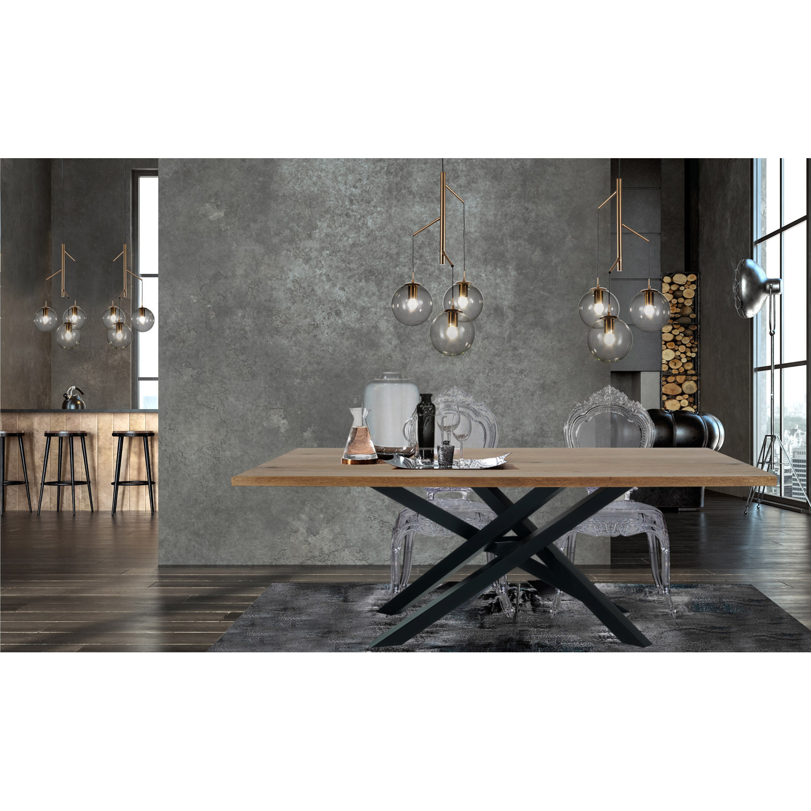 Tavolo in Legno Massello Tox impiallacciato Rovere con gambe in legno massello verniciato Nero opaco, 200x100 cm