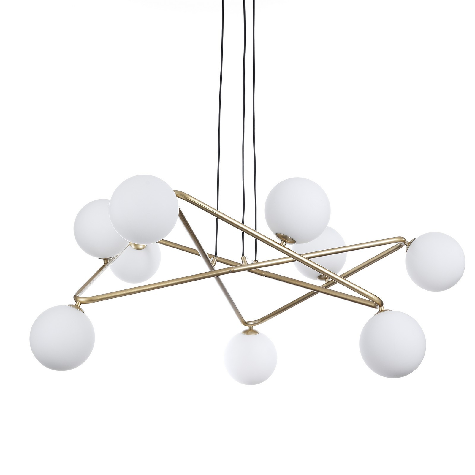 Lampadario in metallo verniciato Ottone opaco dimensioni cm. L.110 P.110 H.43  cavo regolabile sfere in vetro bianco opaco