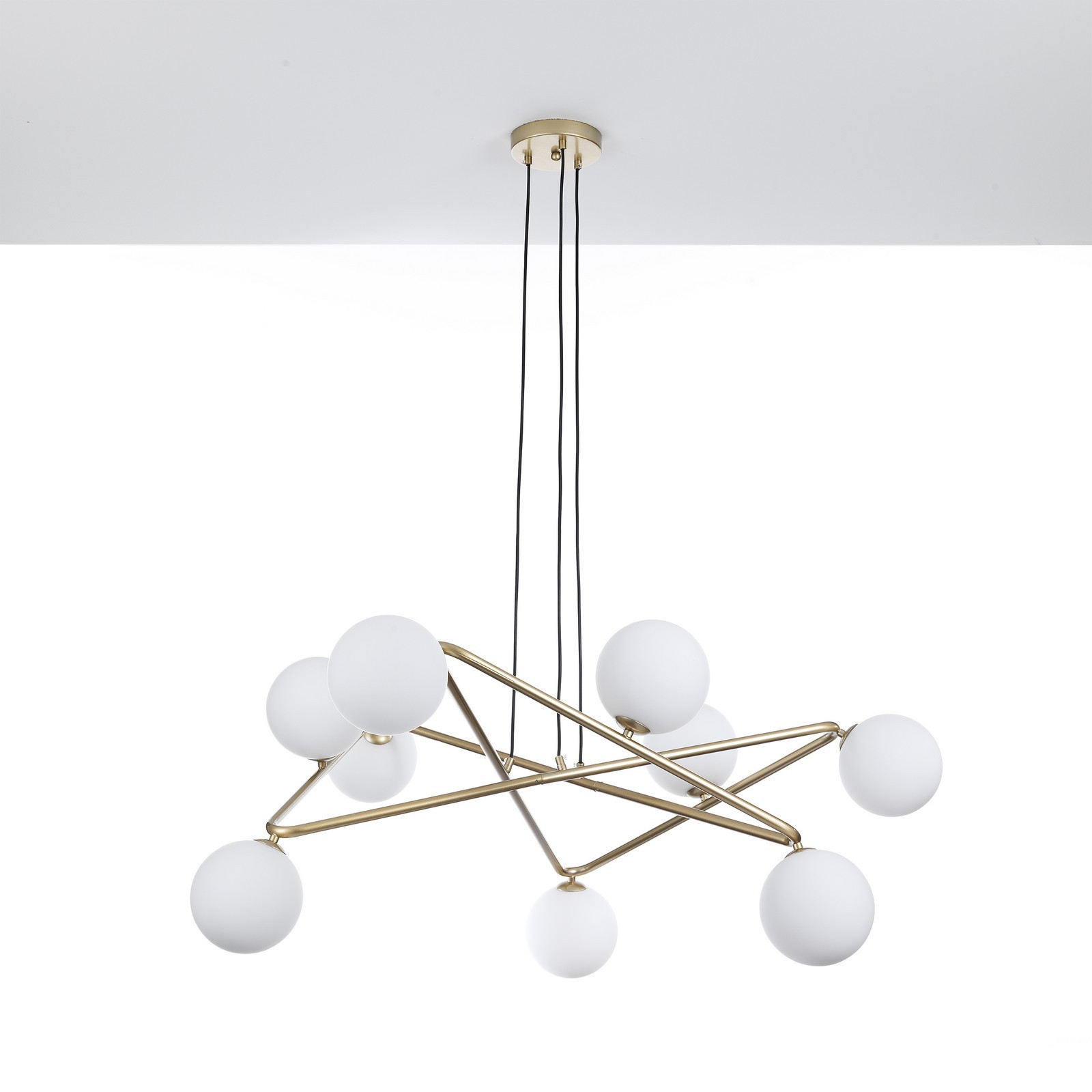 Lampadario Ross in Metallo verniciato Ottone opaco e sfere in Vetro Bianco opaco con cavo regolabile, 110x110 h43 cm