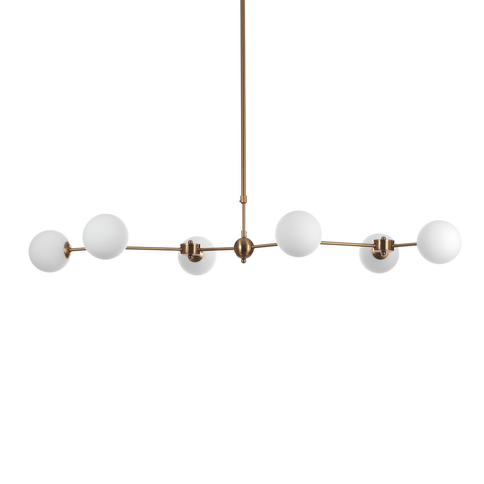 Lampadario in metallo verniciato Ottone opaco dimensioni cm. 120 x 68  H.da 90 a 150 sfere in vetro bianco opaco