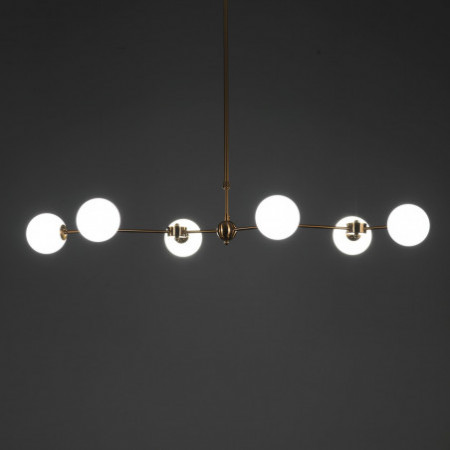 Lampadario Ciakko in Metallo verniciato Ottone opaco e sfere in Vetro Bianco opaco, 120x68 h90-150 cm
