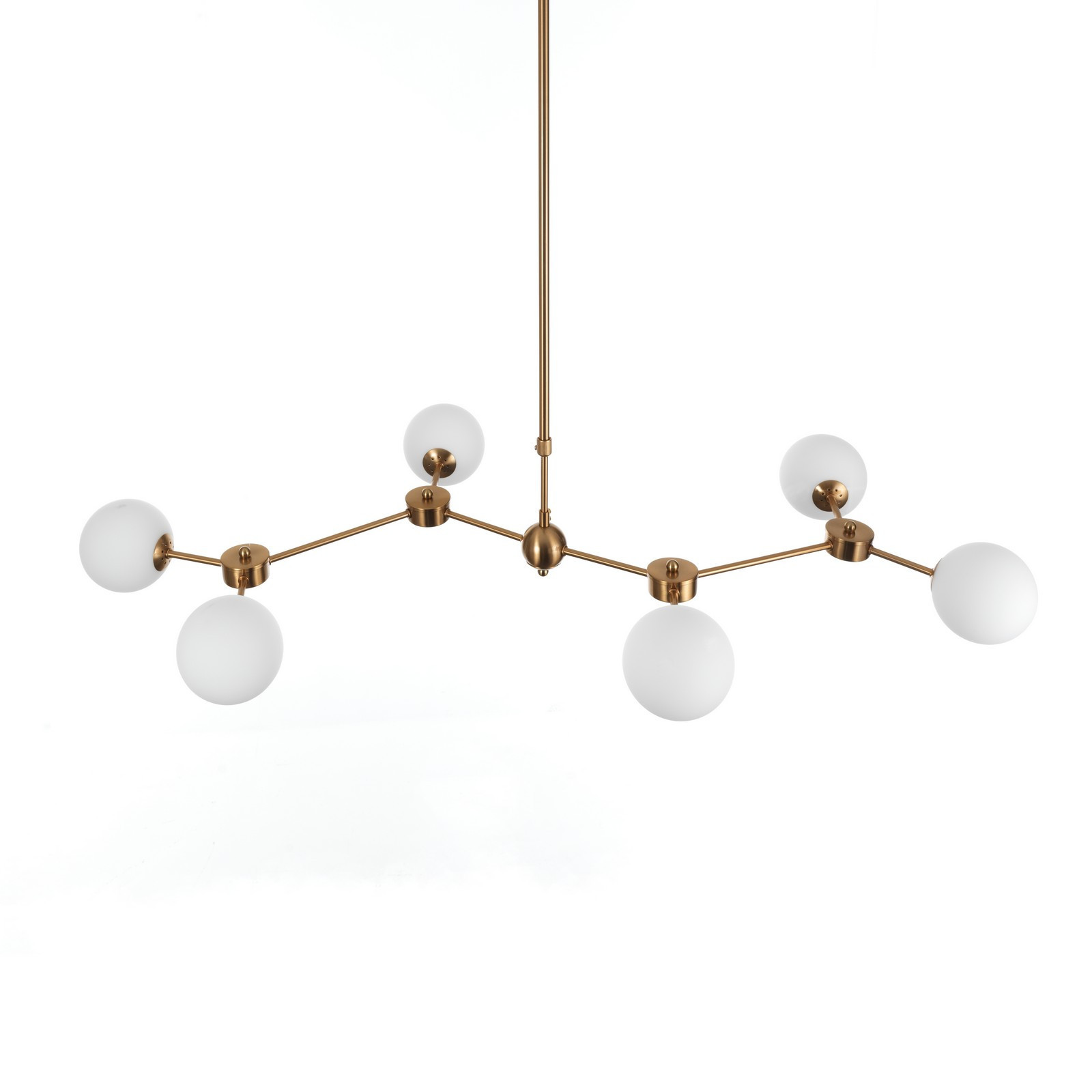 Lampadario Ciakko in Metallo verniciato Ottone opaco e sfere in Vetro Bianco opaco, 120x68 h90-150 cm