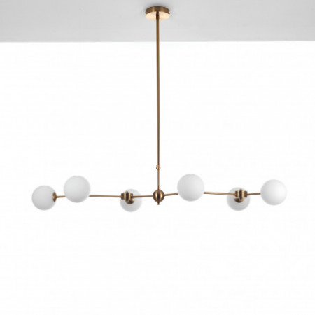 Lampadario Ciakko in Metallo verniciato Ottone opaco e sfere in Vetro Bianco opaco, 120x68 h90-150 cm