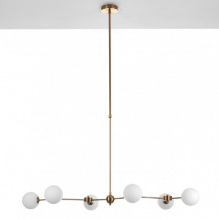 Lampadario Ciakko in Metallo verniciato Ottone opaco e sfere in Vetro Bianco opaco, 120x68 h90-150 cm