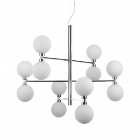 Lampadario in metallo Cromato sfere in vetro bianco opaco  dimensioni cm. D.75  H.56 cavo regolabile