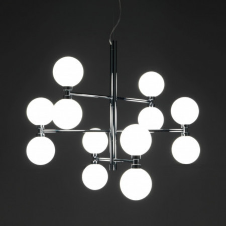 Lampadario Bert in Metallo Cromato sfere in Vetro Bianco opaco con cavo regolabile, d75 h56 cm