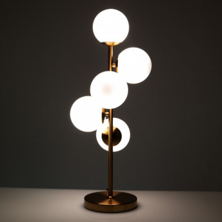 Lampada da Tavolo Troy in Metallo verniciato Ottone opaco con sfere in Vetro Bianco opaco, d28 h66 cm