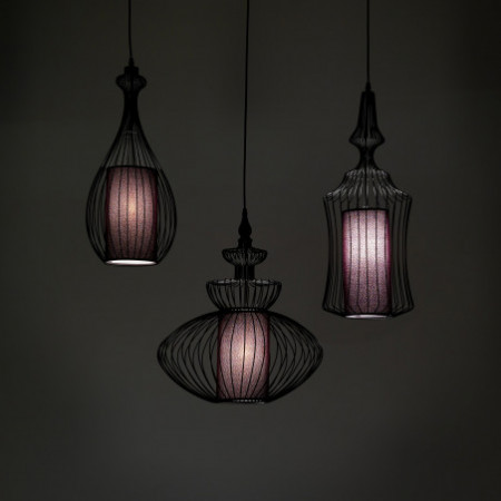 Lampadario Peter in Metallo Nero opaco con 3 paralumi in filo di Acciaio e Tessuto Nero, 70xh64 cm