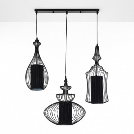 Lampadario Peter in Metallo Nero opaco con 3 paralumi in filo di Acciaio e Tessuto Nero, 70xh64 cm