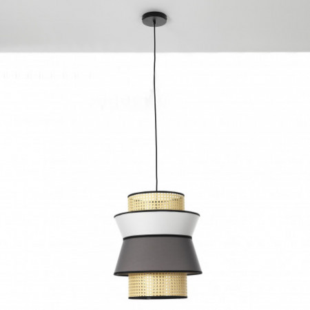 Lampadario Provenza-B rivestito in Tessuto colorato Grigio, Bianco e paglia di Vienna cn cavo regolabile, d39 h46 cm