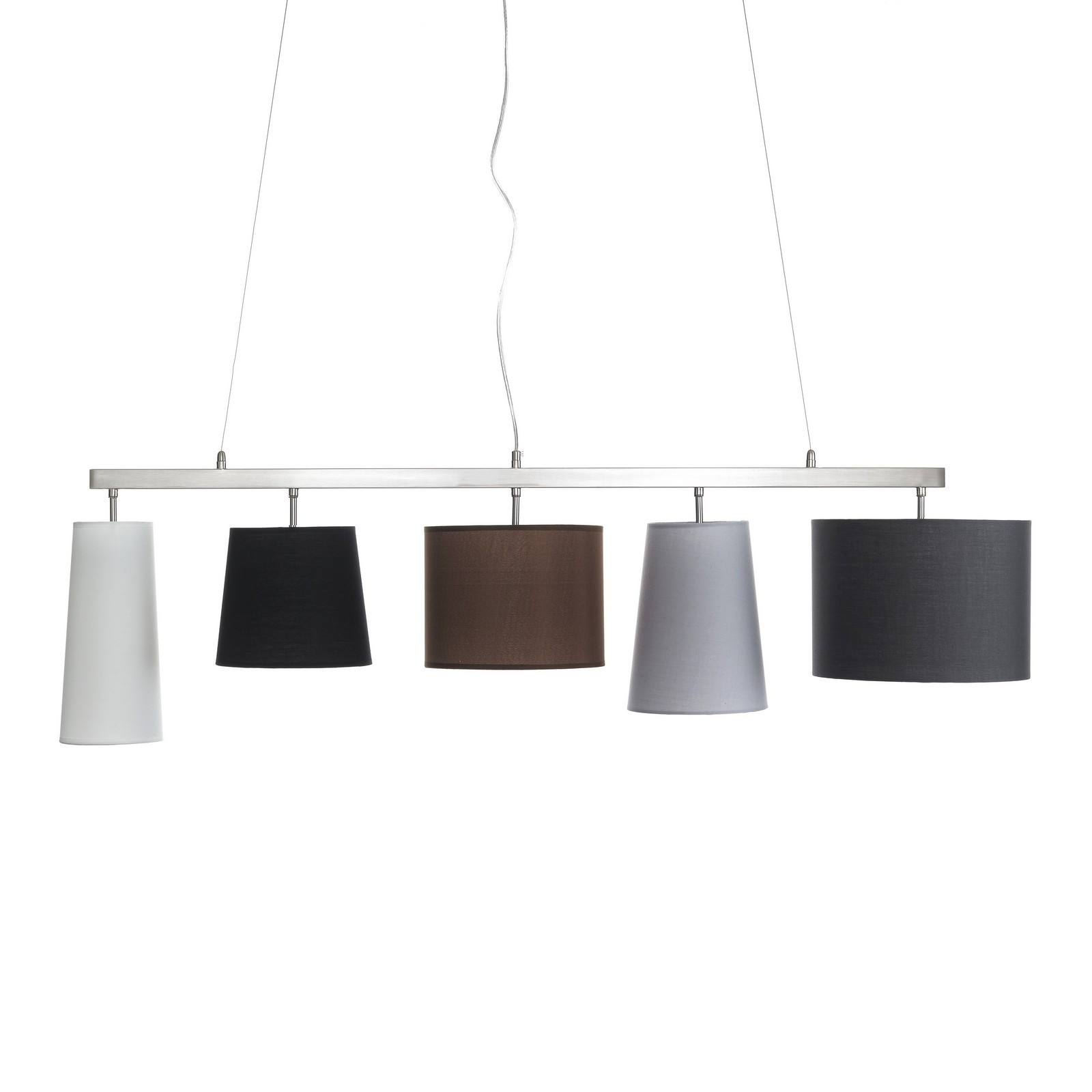 Lampadario in metallo satinato paralumi in tessuto colorato dimensione cm. L.125 P.28 H.37 filo elettrico regolabile