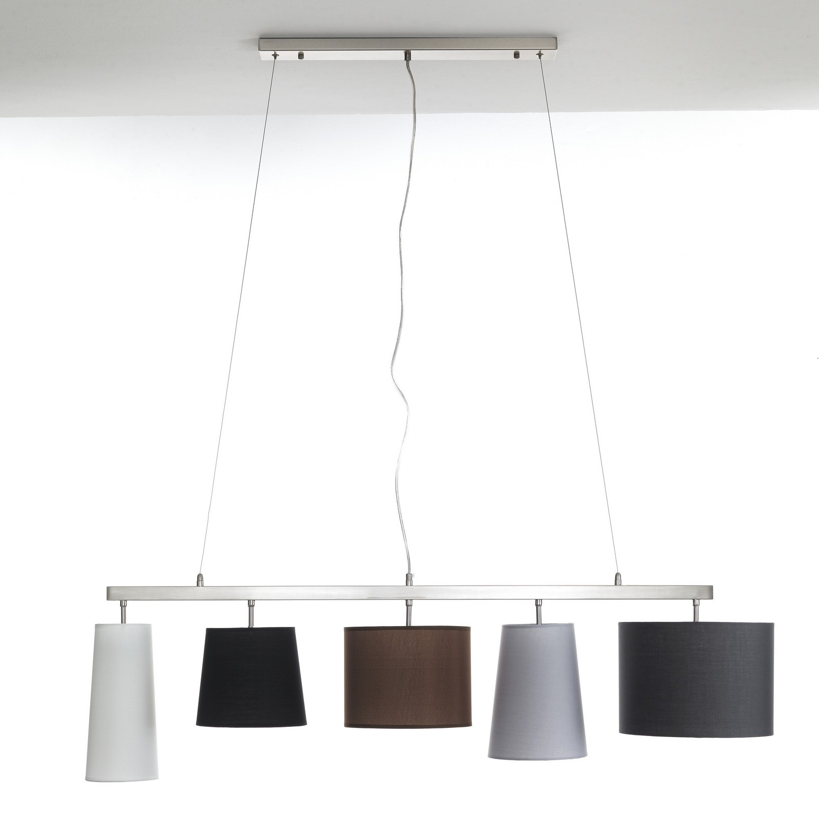 Lampadario Babo Fix in Metallo satinato con paralumi in Tessuto colorato e filo regolabile, 125x28 h37 cm