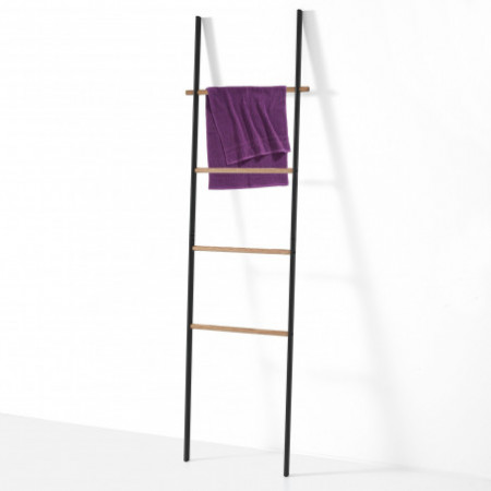 Scala Decorativa Porta Asciugamani in Acciaio Antracite opaco e legno massello Rovere, 50x3.8xh172 cm