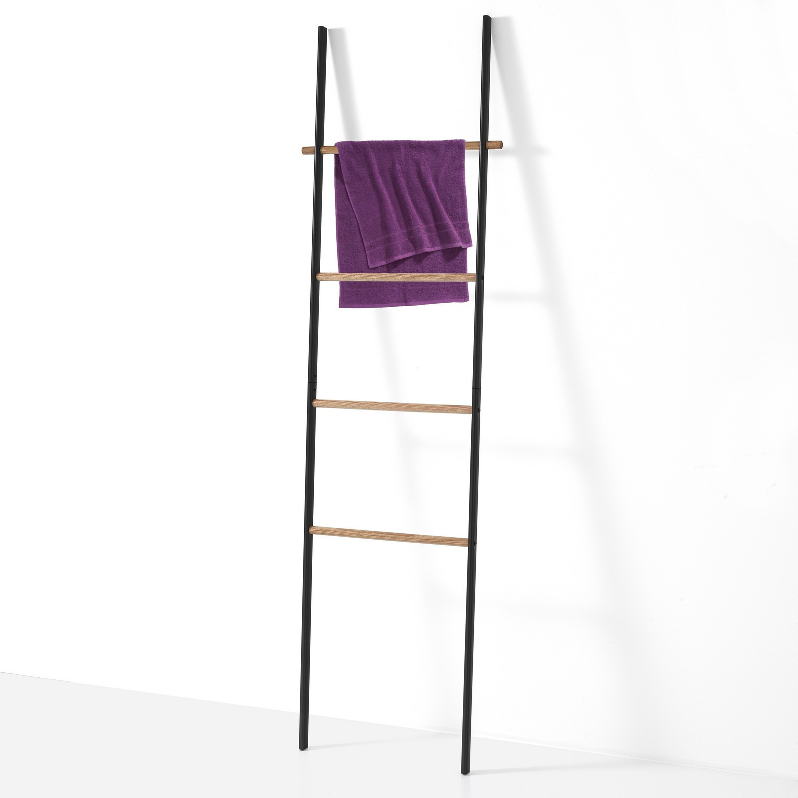 Scala Decorativa Porta Asciugamani in Acciaio Antracite opaco e legno massello Rovere, 50x3.8xh172 cm