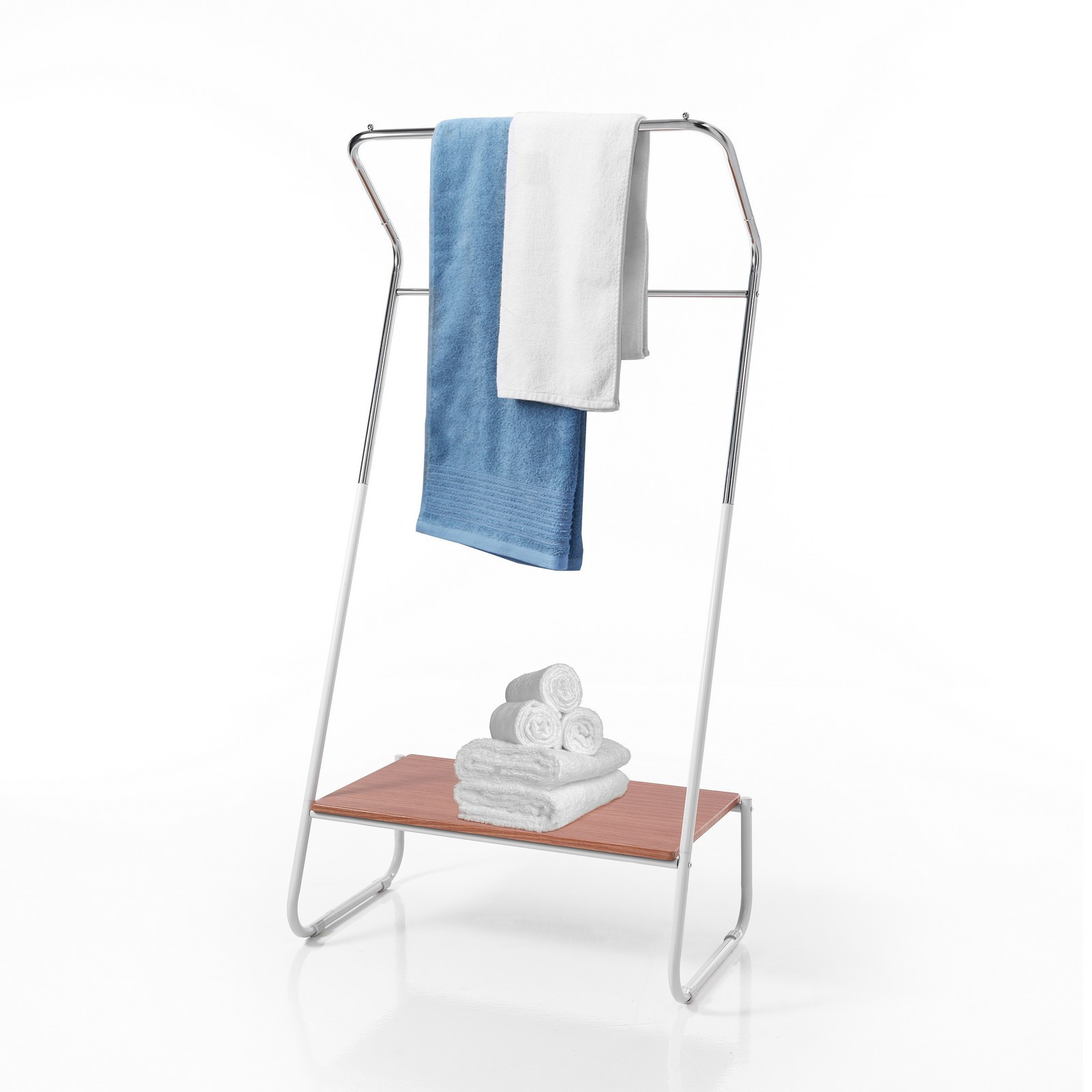 Stender / Porta Asciugamani in Metallo Bianco lucido / cromato e finitura Rovere, 80x48xh162 cm