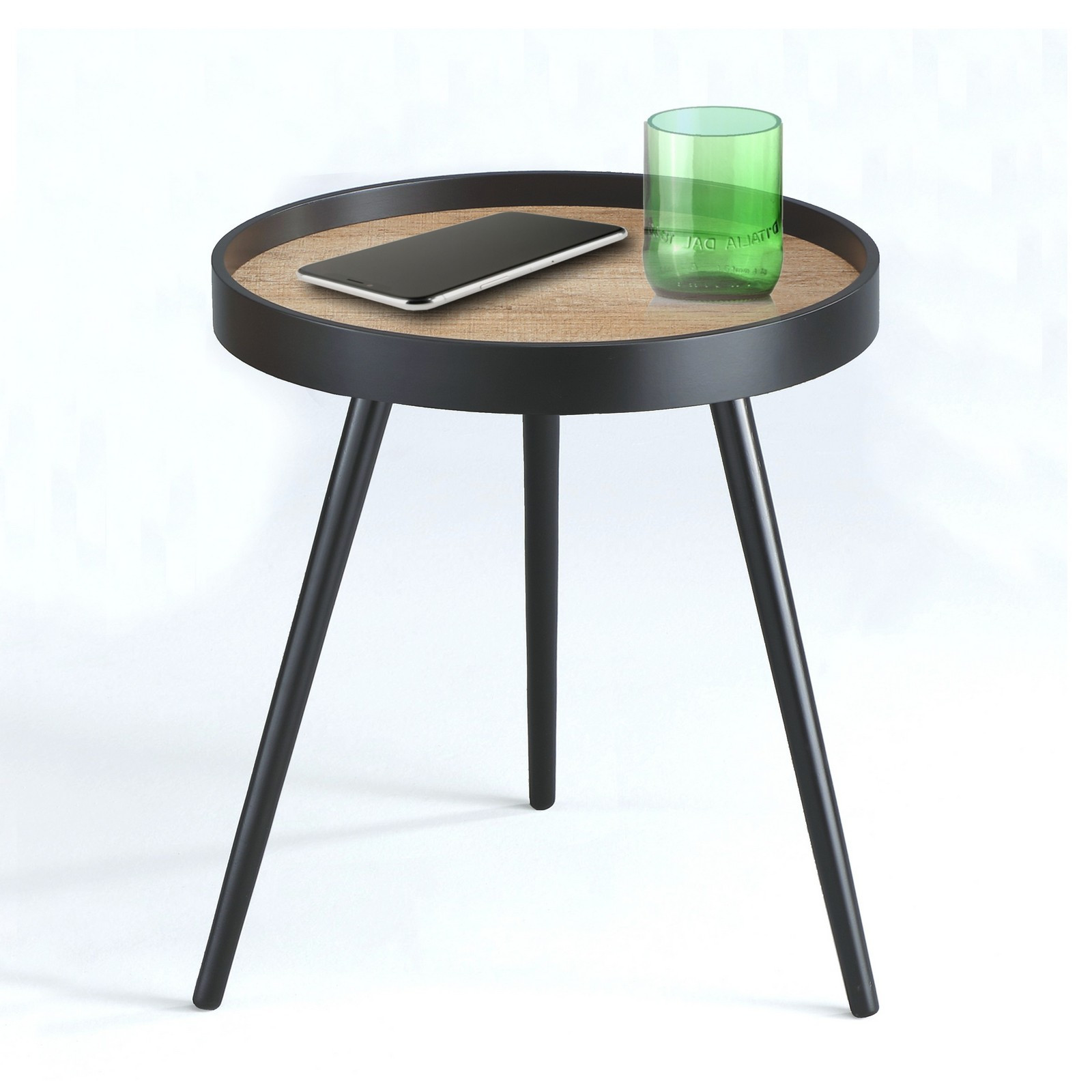 Tavolino / Comodino TEO verniciata Nero opaco piano impiallacciato in Rovere invecchiato, d46 h53.5 cm