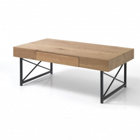 Tavolino WOODY in Metallo Nero opaco e piano finitura Rovere, 110x60 h44 cm