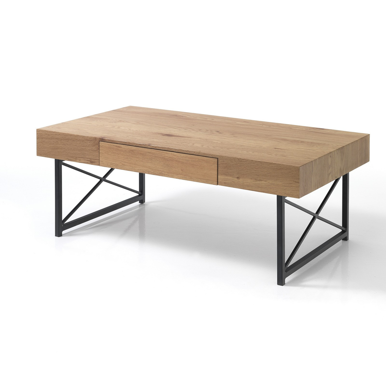 Tavolino WOODY in Metallo Nero opaco e piano finitura Rovere, 110x60 h44 cm