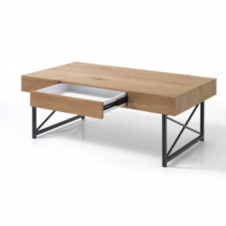 Tavolino WOODY in Metallo Nero opaco e piano finitura Rovere, 110x60 h44 cm