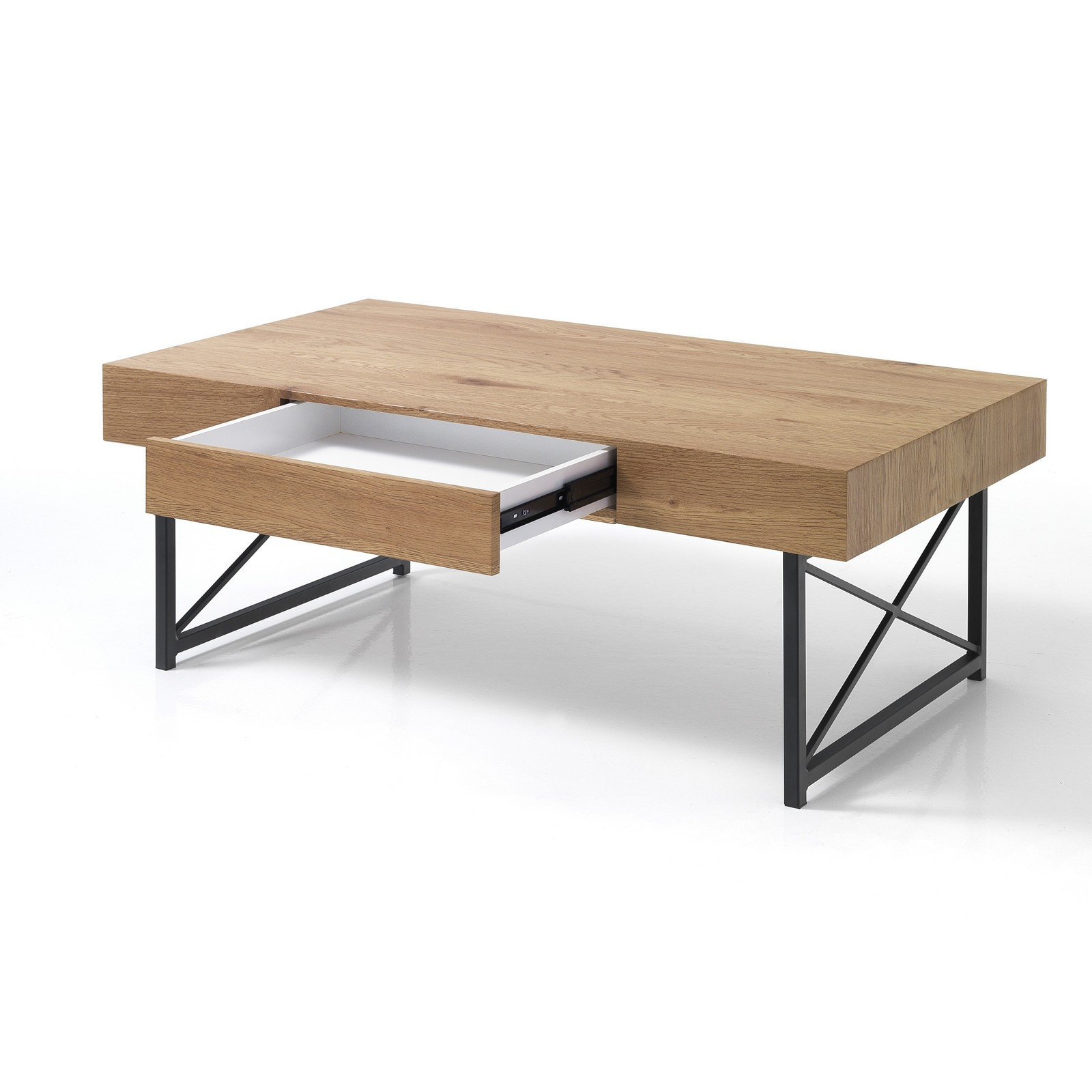Tavolino WOODY in Metallo Nero opaco e piano finitura Rovere, 110x60 h44 cm