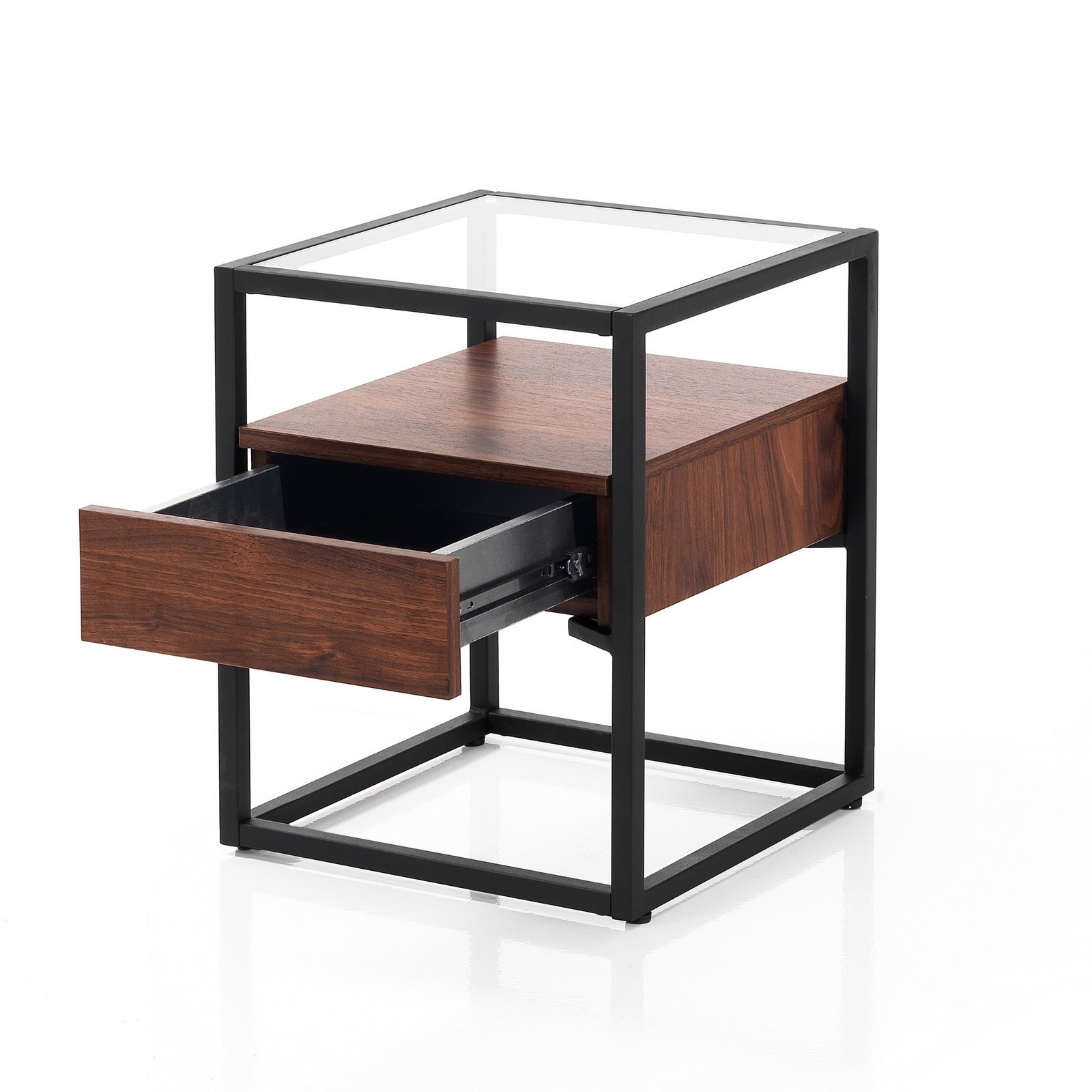Tavolino / Comodino SKANDY in ferro Nero opaco e Vetro con cassetto finitura Noce scuro, 40x40 h50 cm