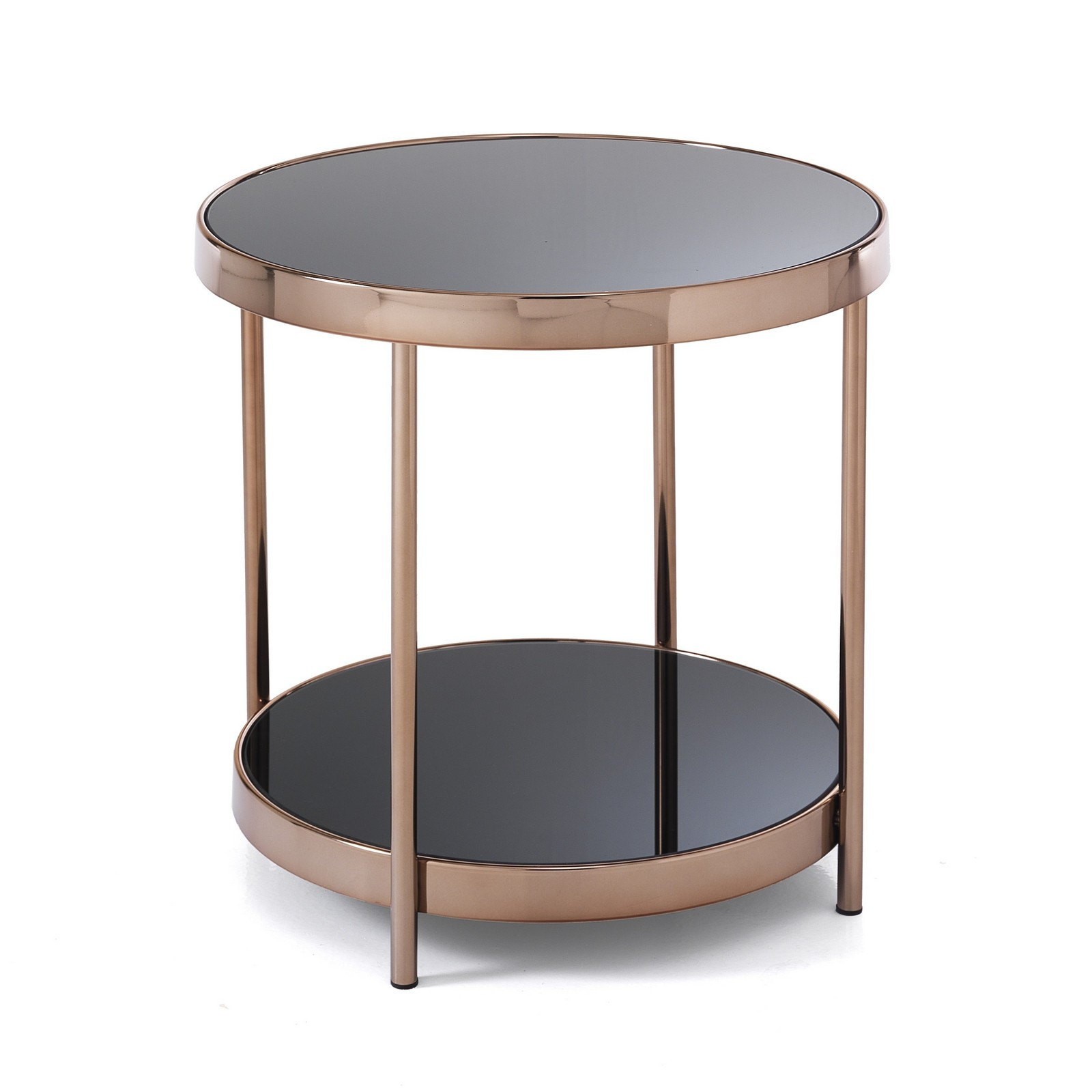 Tavolino / Comodino BRILL in Metallo finitura Oro Rosa piani in Vetro temprato Nero, d45 h48 cm