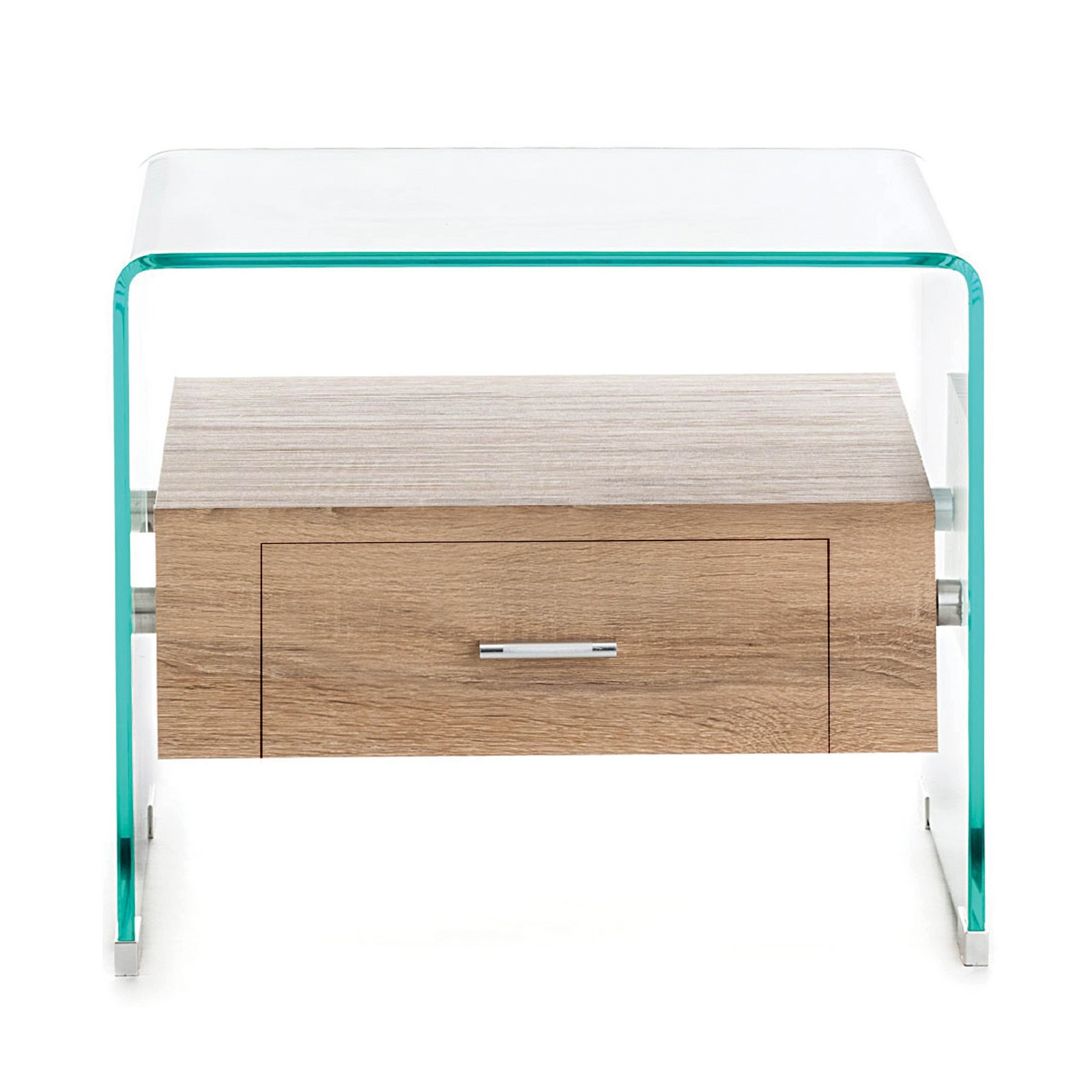 Tavolino / Comodino SKANDY in Vetro curvato con cassetto finitura Rovere, 55x50 h42 cm