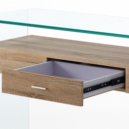 Tavolino / Comodino SKANDY in Vetro curvato con cassetto finitura Rovere, 55x50 h42 cm