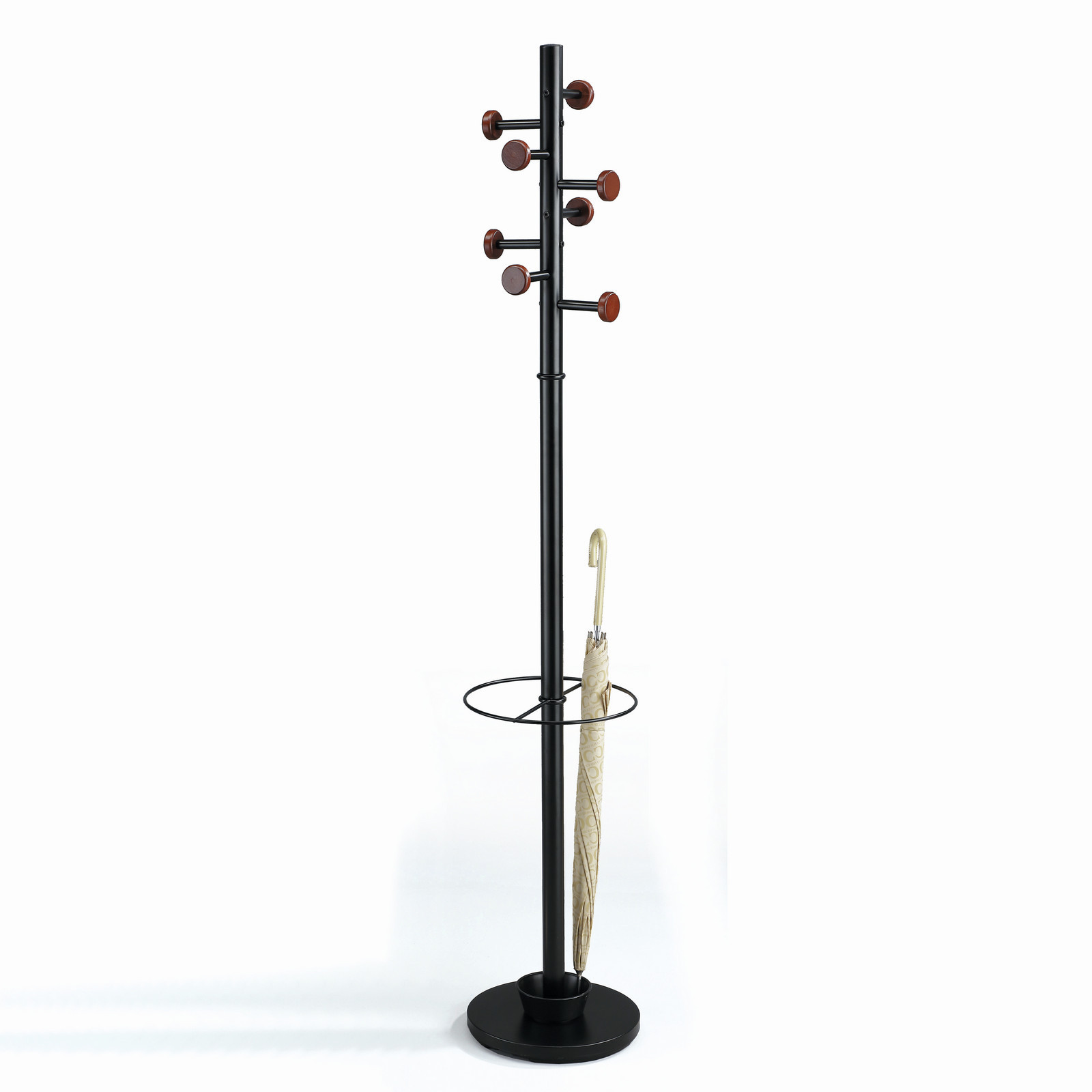 Appendiabiti Portaombrelli Ari in Acciaio Nero Opaco e Pomelli Legno Finitura Noce