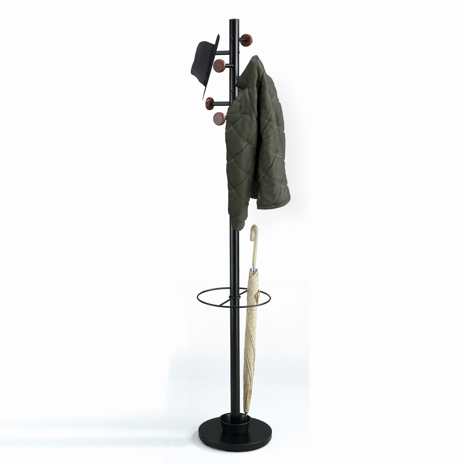 Appendiabiti Portaombrelli Ari in Acciaio Nero Opaco e Pomelli Legno Finitura Noce, h173xd30.5 cm