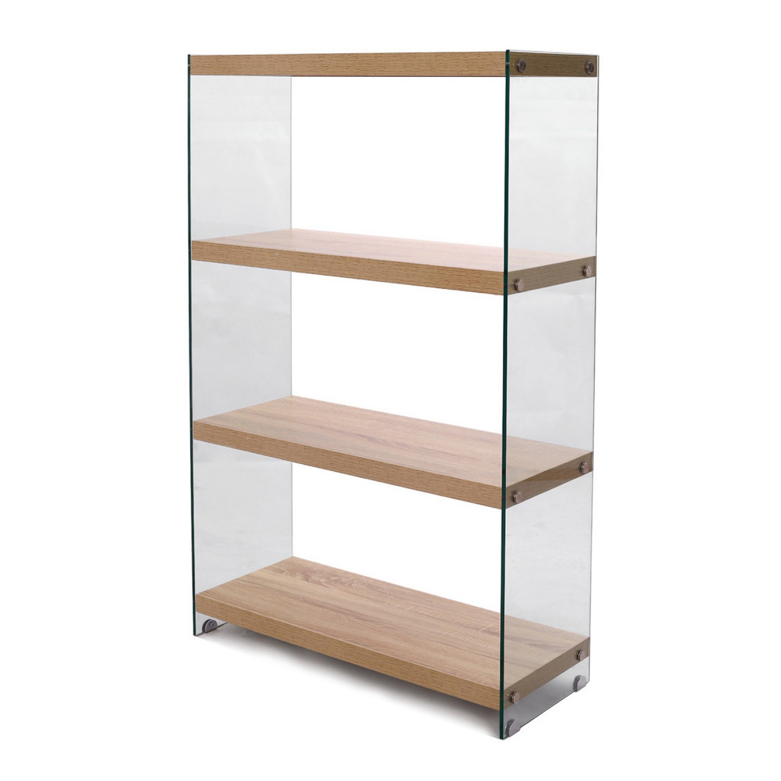 Libreria 4 Ripiani Skandy in Vetro Trasparente e finitura Rovere