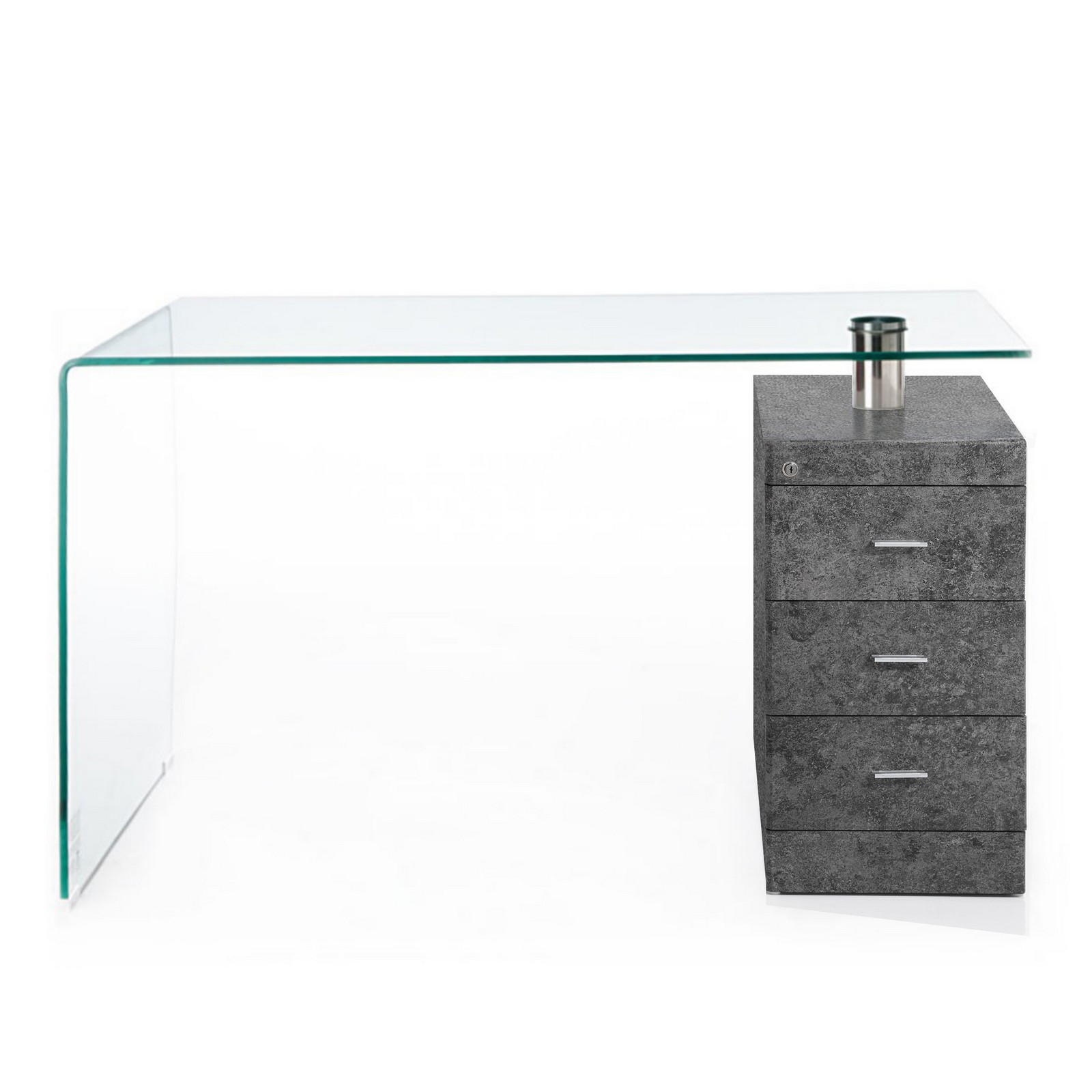 Scrivania in Vetro Curvato Marlene Cement Cassettiera con Serratura finitura Cemento, 125x65xh75 cm