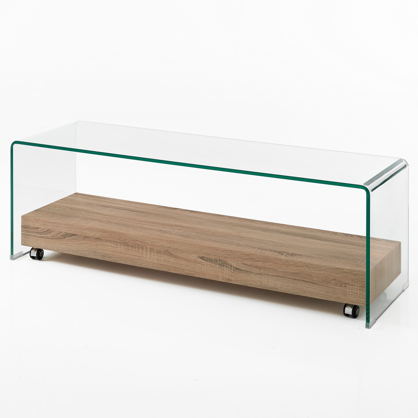 Porta TV Skandy in Vetro Curvato Ripiano con Ruote finitura Rovere