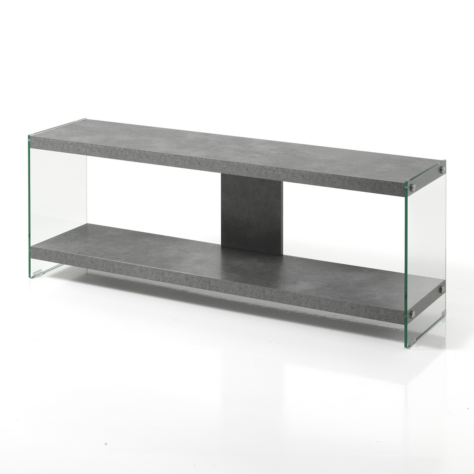 Porta TV Skandy Cement in Vetro Trasparente Ripiano e Top finitura Cemento
