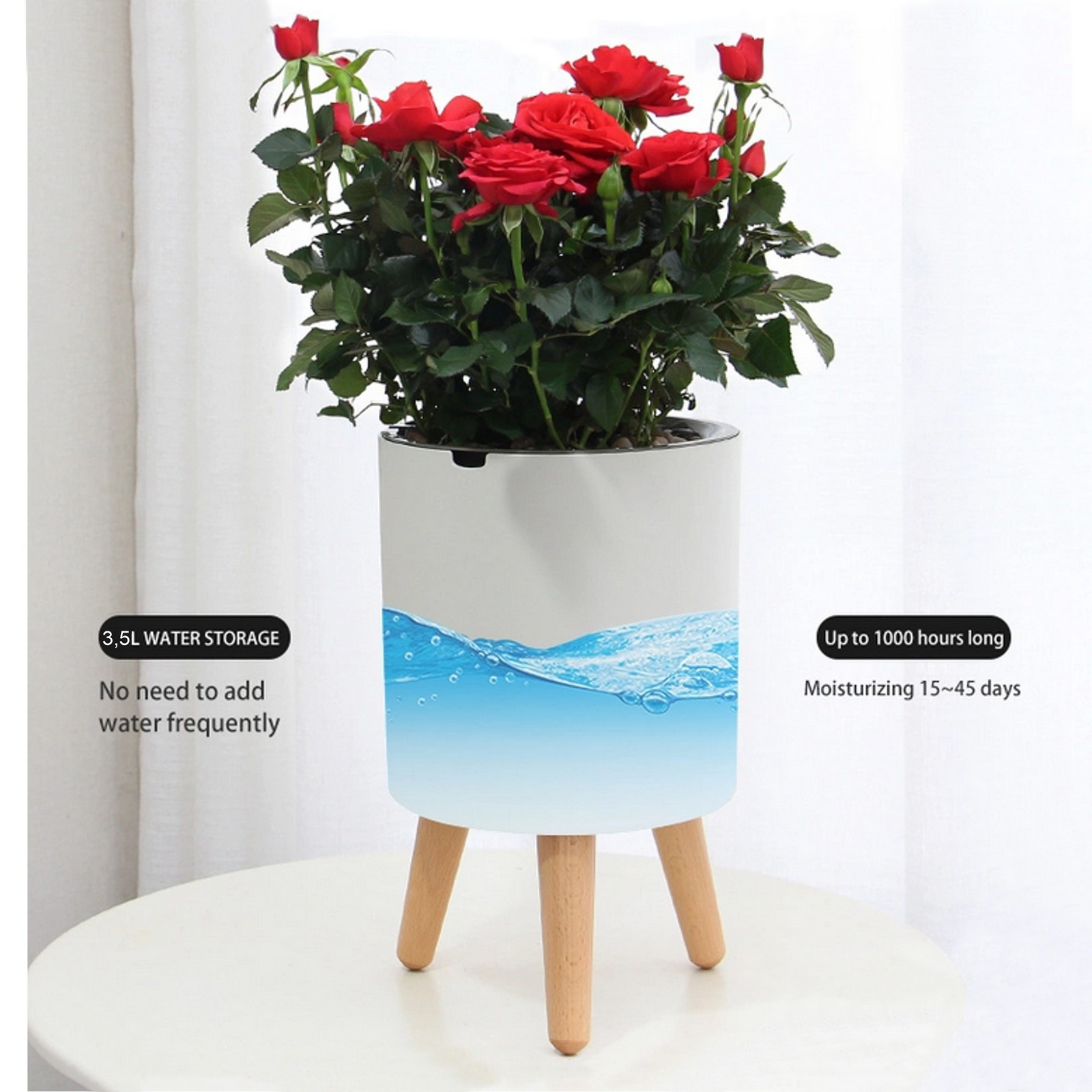 Vaso Autoinnaffiante Esterno Interno Carlotta - C Bianco Opaco e Legno Massello finitura Rovere 3.5 litri, d33xh48 cm