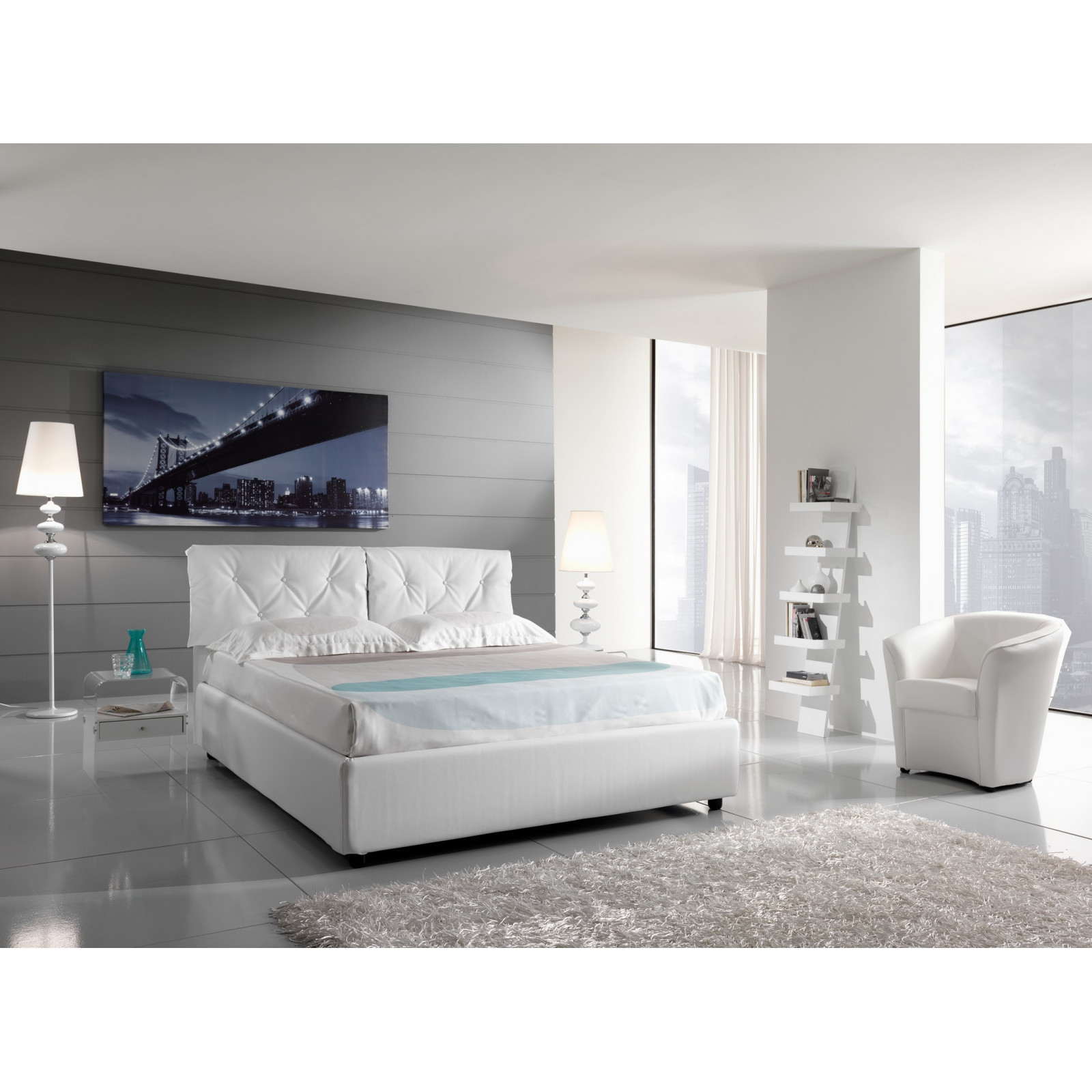 Letto Fisso Matrimoniale ANNALUNA 160 pelle sintetica Bianca  rete cm. L.160 P.190