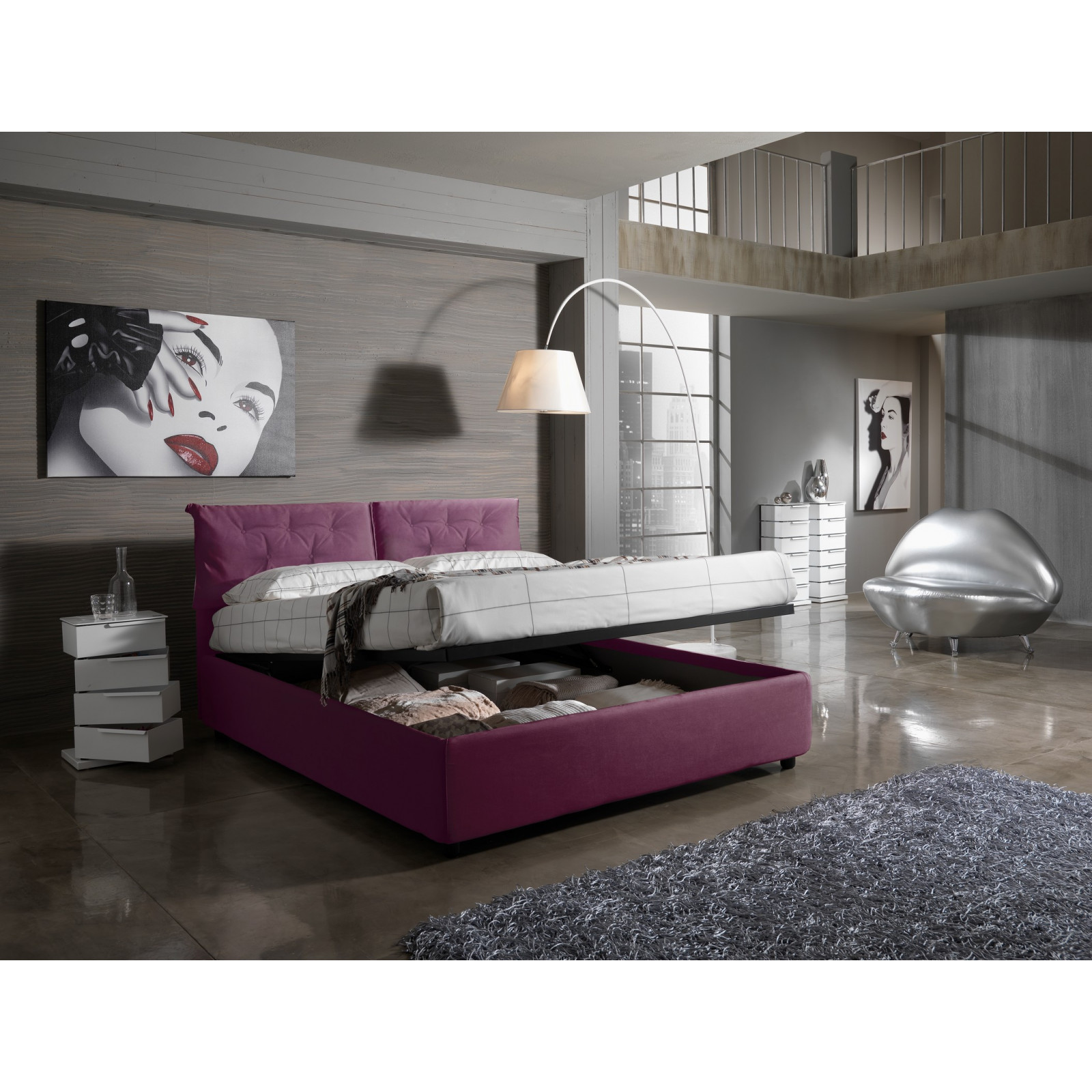 letto contenitore matrimoniale ANNALUNA 160 tessuto effetto velluto (m