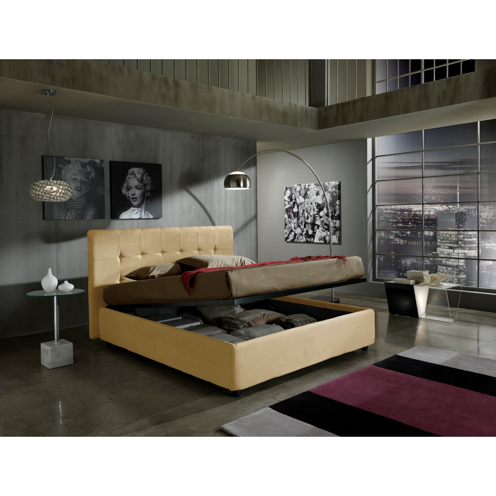 Letto Contenitore Matrimoniale ANITA 160 tessuto effetto velluto (microfibra) Beige box contenitore rete cm. L.160 P.190