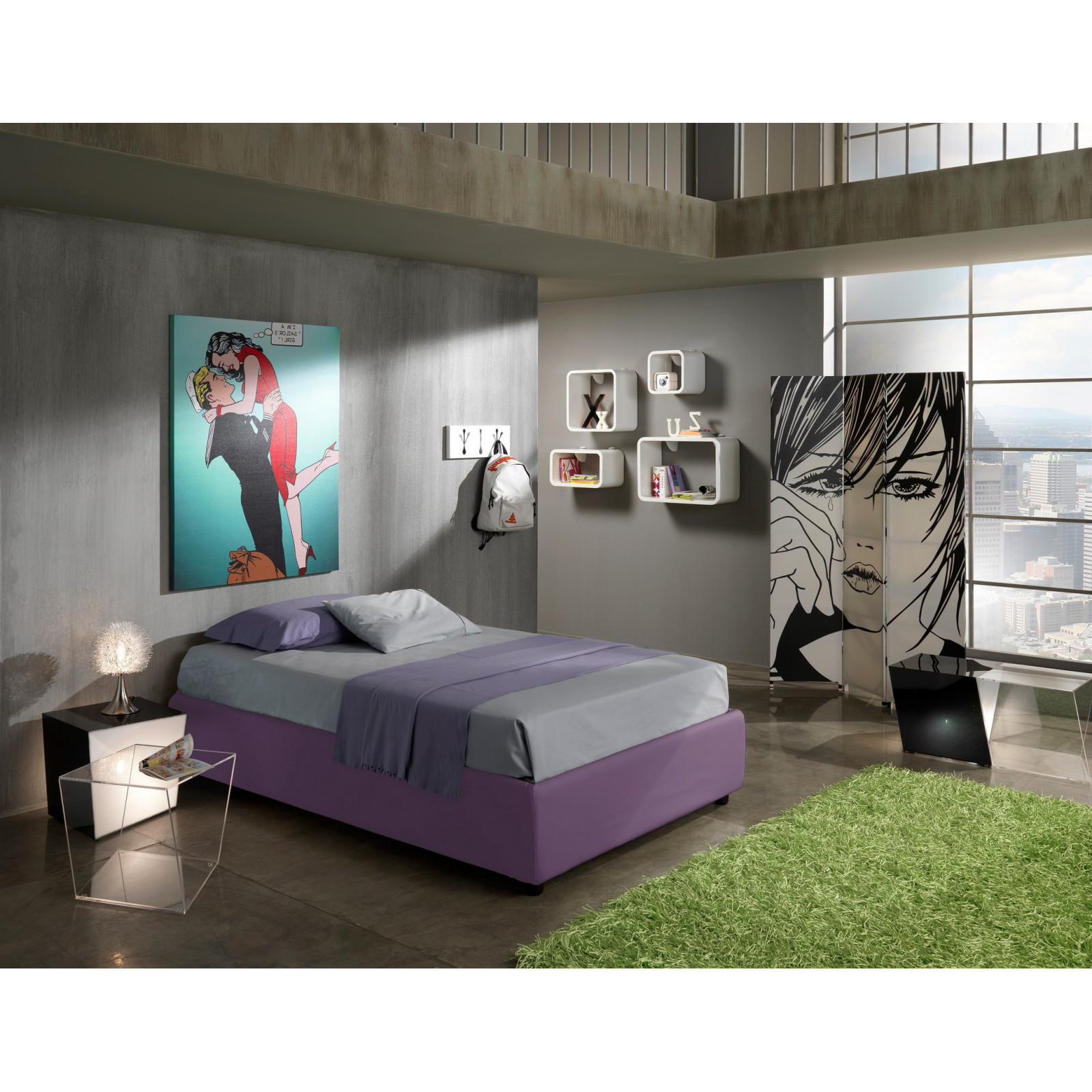 Letto Contenitore 1 Piazza e Mezzo SOMMIER ELEGANT 120 pelle sintetica Lavanda box contenitore rete cm. L.120 P.190